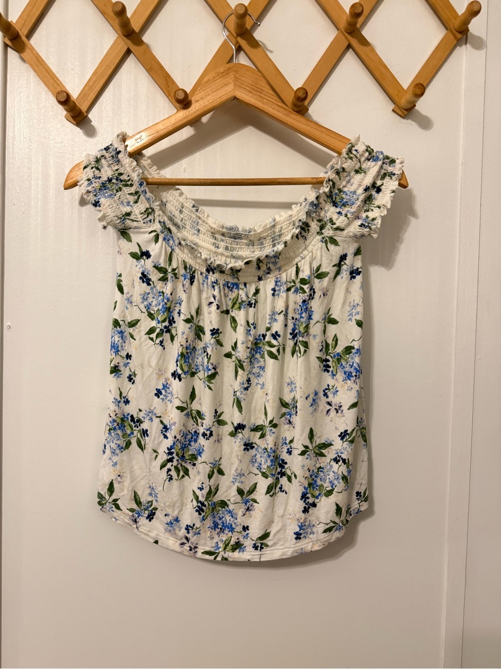 Women’s White Floral Off-Shoulder Top with Blue Blooms